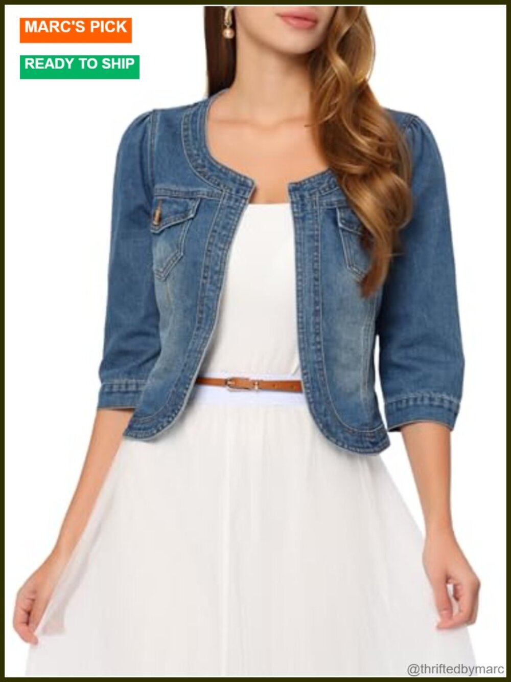 Womens Denim Cardigan 3/4 Sleeve Collarless Jean Jacket